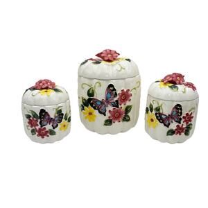 Butterfly Flower 3D White Pumpkin MCM Canister Set 1950s Cottagecore Floral VGC